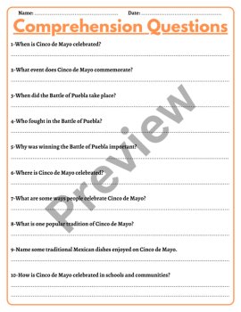 Cinco de Mayo Reading Passage Comprehension Questions Summary Main Idea, image 3