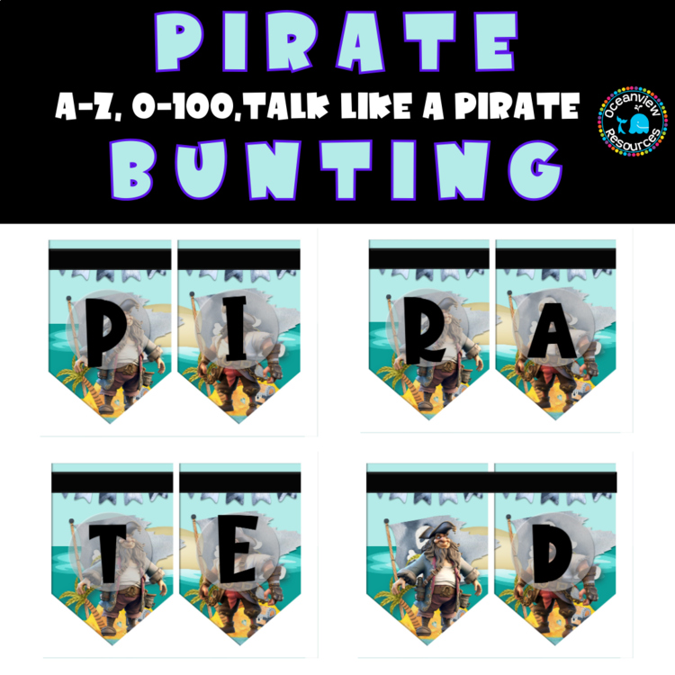 PIRATE DECOR Bunting with a pirate theme, Alphabet, 0-100 and Talk like a pirate