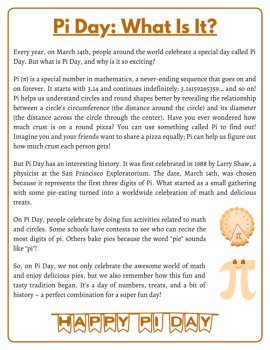 Pi Day What Is It? - Reading Comprehension Passage and Questions, image 2