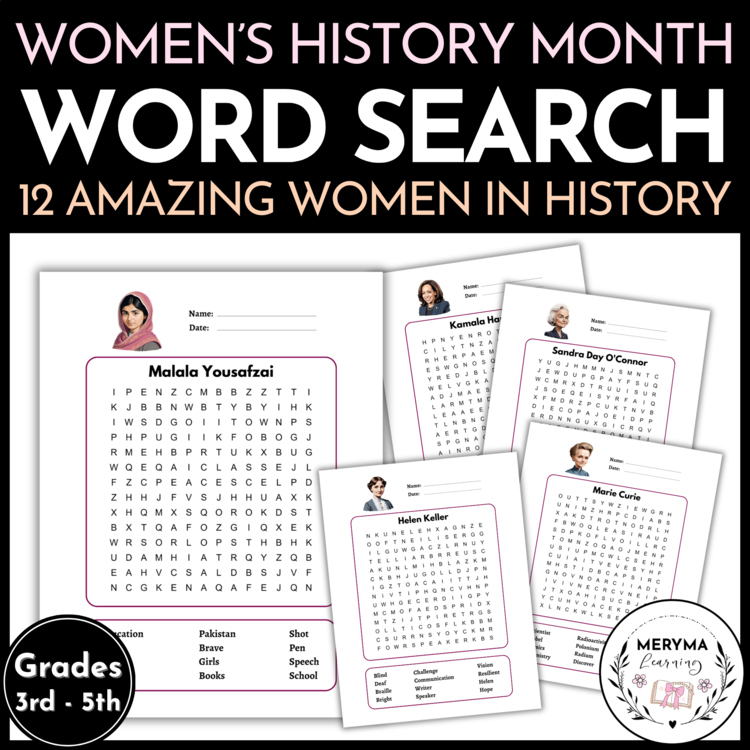 Women's History Month Word Search Puzzles – 12 Amazing Women in History