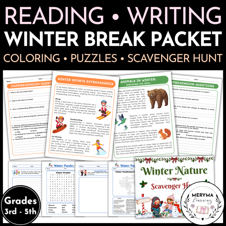 Winter Break Packet – Reading, Writing, Coloring Pages, Puzzles & Scavenger Hunt