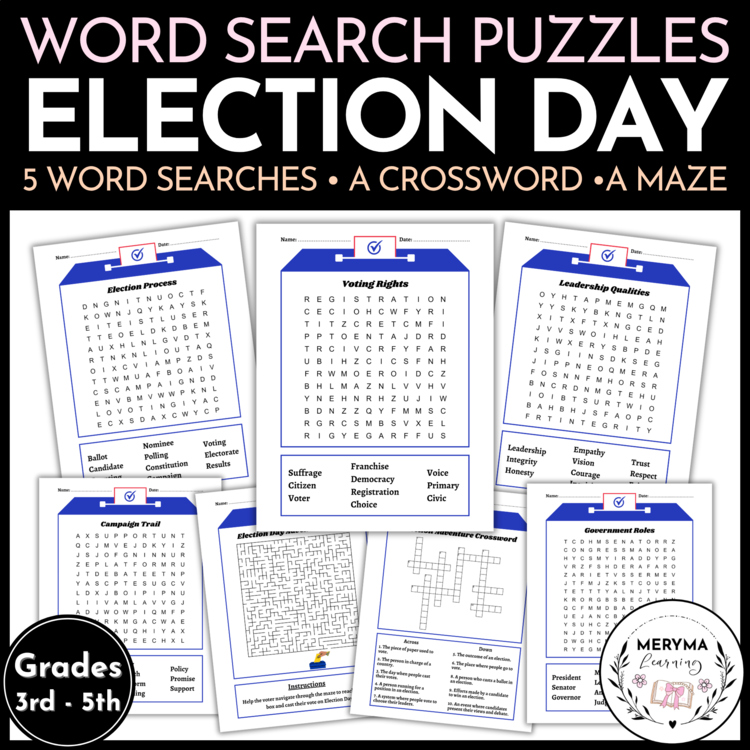 Election Day Puzzles - Election Day Word Search - Crossword - Maze