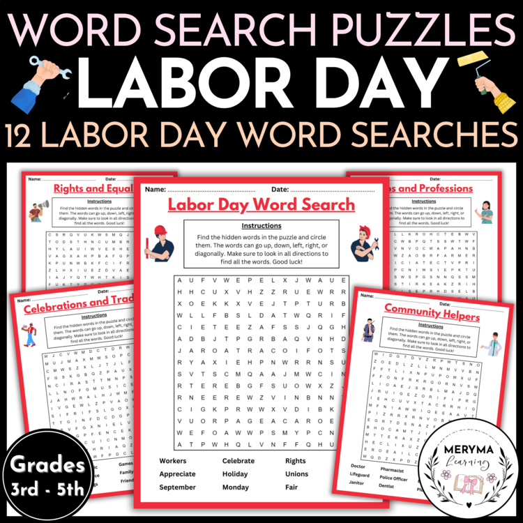 Labor Day Word Search Puzzles Worksheets for 3rd 4th 5th Grade - Labor Day