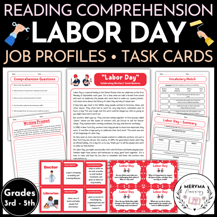Labor Day Reading Comprehension Passage and Activities - Worksheets - Task Cards
