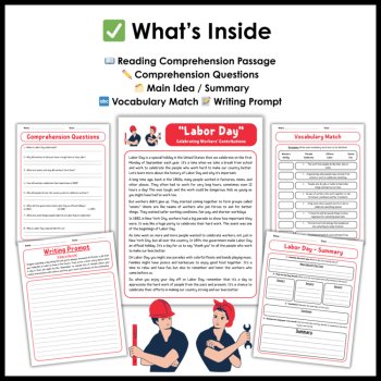 Labor Day Reading Comprehension Passage and Activities - Worksheets - Task Cards, image 2
