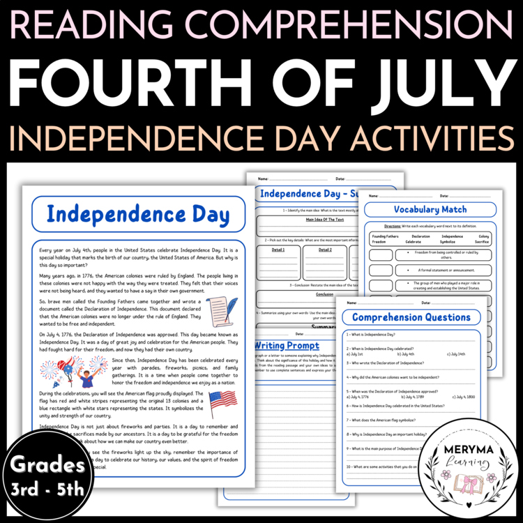 Fourth 4th of July Independence Day Reading Passage and Comprehension Worksheets
