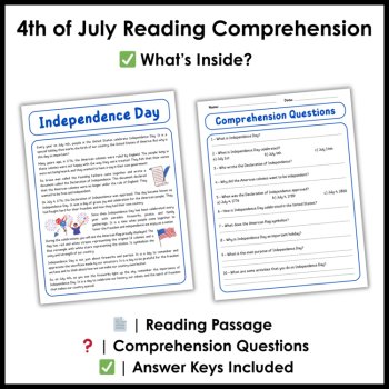 Fourth 4th of July Independence Day Reading Passage and Comprehension Worksheets, image 2