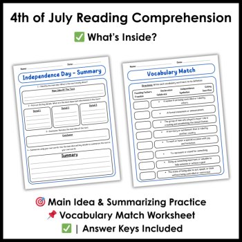 Fourth 4th of July Independence Day Reading Passage and Comprehension Worksheets, image 3