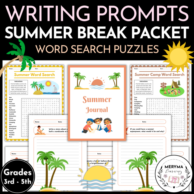 Summer Writing Prompts and Word Searches - 3rd 4th 5th Grade Summer Break Packet