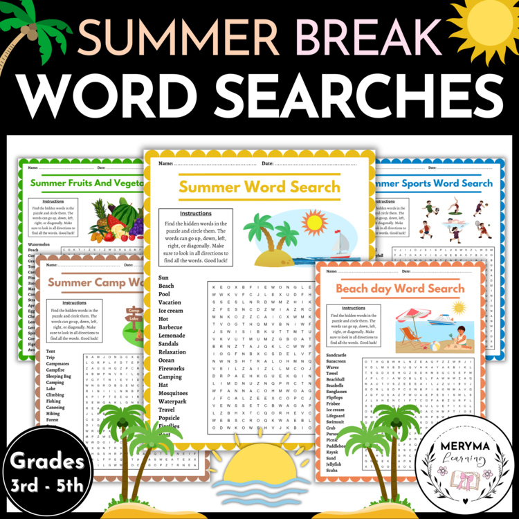 Summer Break Word Searches  with Answers - 3rd 4th 5th Grade Word Search Packet