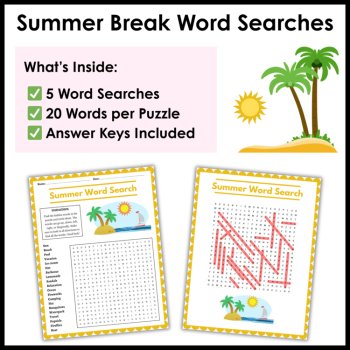 Summer Break Word Searches  with Answers - 3rd 4th 5th Grade Word Search Packet, image 2