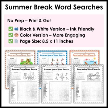 Summer Break Word Searches  with Answers - 3rd 4th 5th Grade Word Search Packet, image 3
