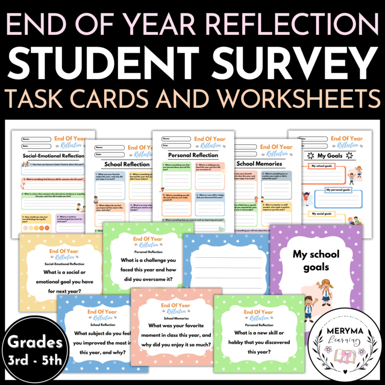 End Of Year Student Survey Task Cards - Reflection Worksheets - 3rd To 5th Grade