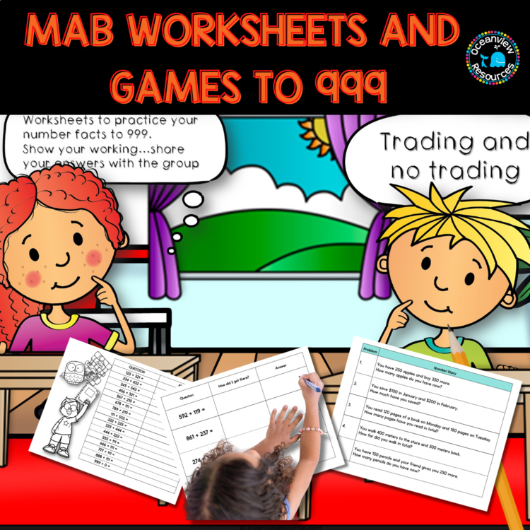 Math worksheets and games using MAB blocks to 999