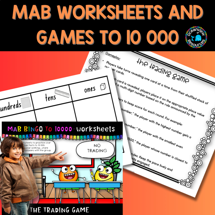 Math worksheets and games using MAB blocks to 10 000