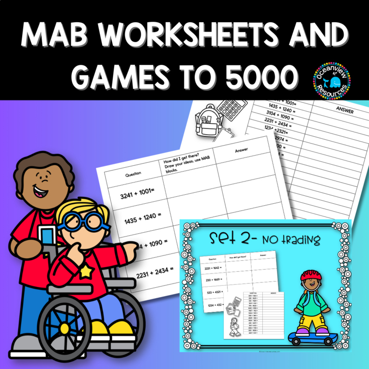 Math worksheets and games using MAB blocks to 5000