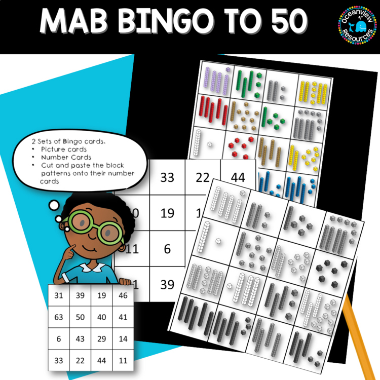 MAB blocks bingo game to 50 with cut and match activity