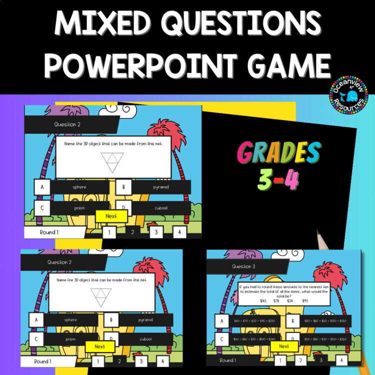 Mixed math questions self correcting PowerPoint game grades 3-4