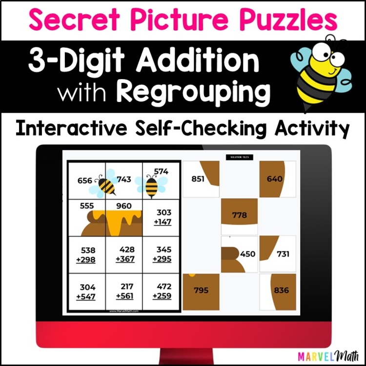 3 Digit Addition with Regrouping #3 - Self-Checking Secret Pictures