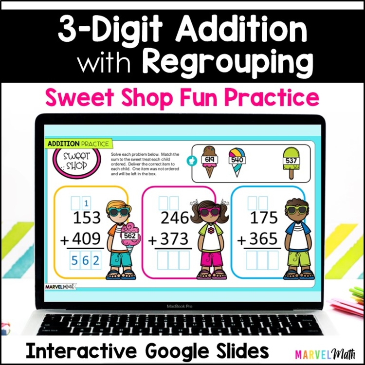 3 Digit Addition with Regrouping #2 - Google Slides - Fun Practice