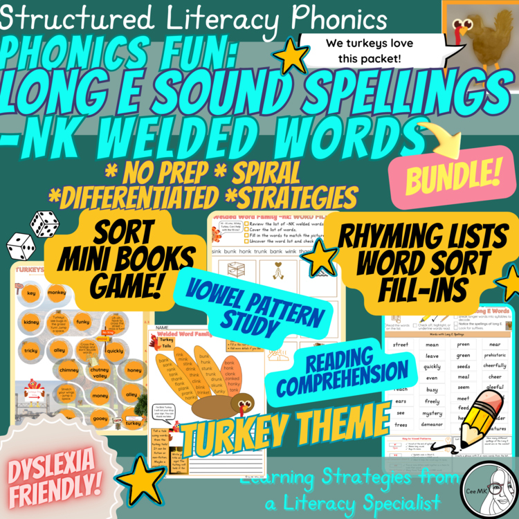 Phonics Literacy Bundle Long E Spellings -NK Welded | Nov Turkey PRINT&GO game