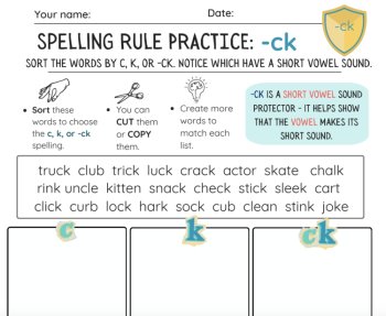 -CK Spelling Rule SONG! ck Sort Worksheets - Structured Literacy OG DYSLEXIA, image 2