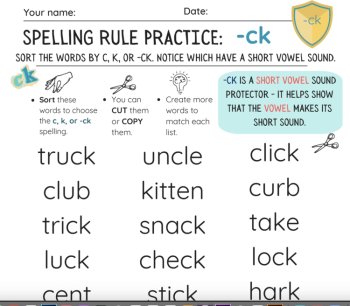 -CK Spelling Rule SONG! ck Sort Worksheets - Structured Literacy OG DYSLEXIA, image 3