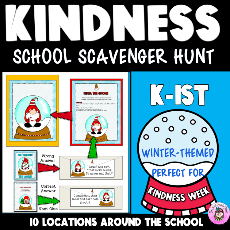 SEL Christmas Kindness Activity Quest Gnome Winter Holiday Scavenger Hunt K-1