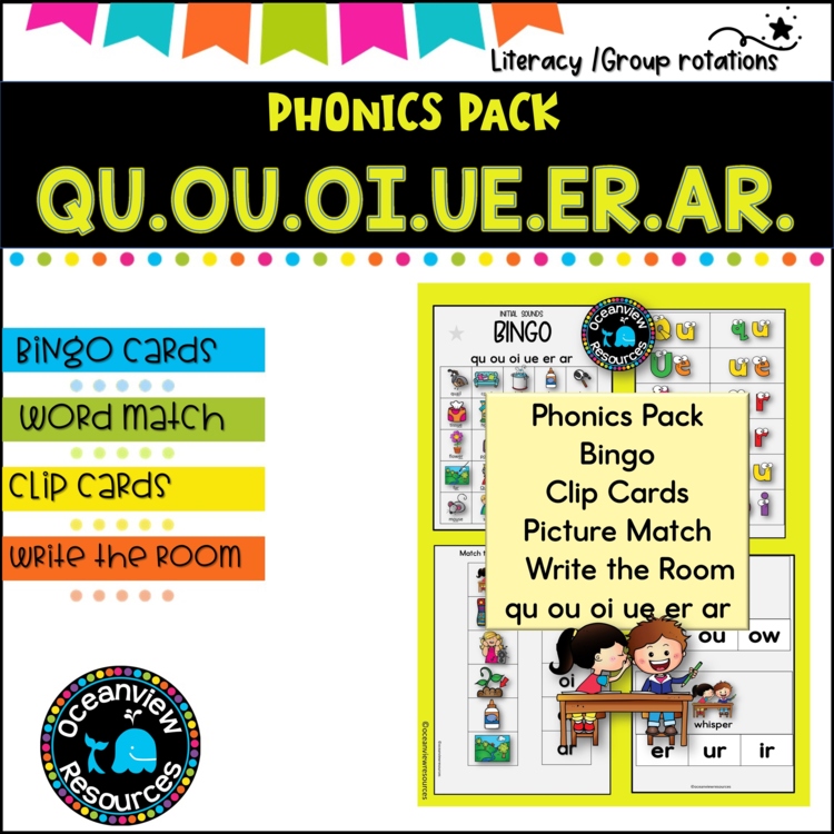 Phonics Bingo, peg cards, write the room,word match,worksheets QU OU OI UE ER AR