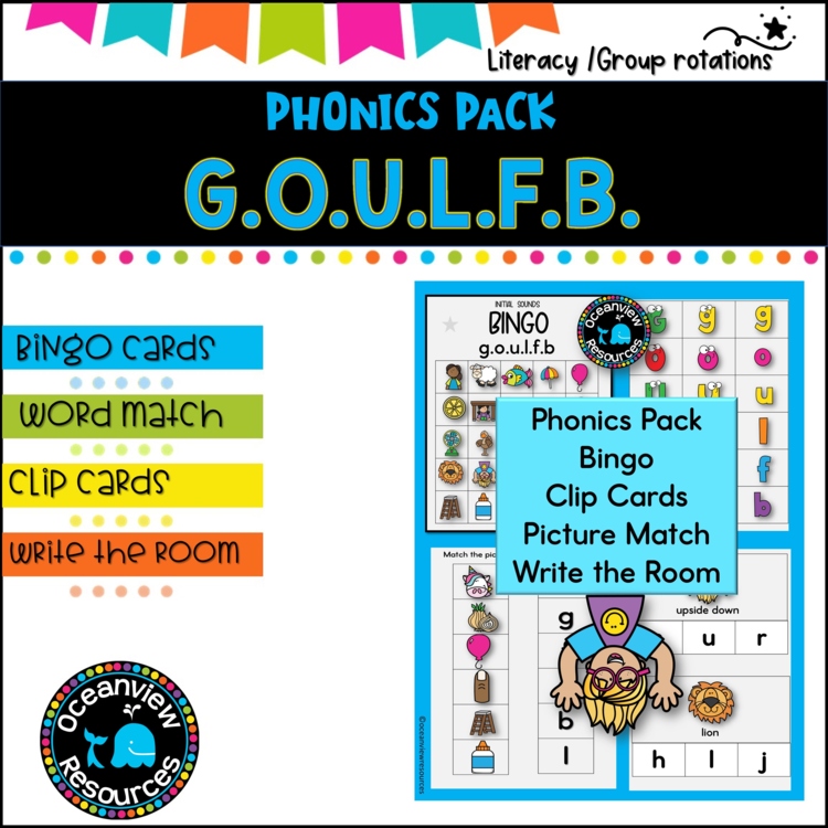 Phonics Bingo, peg cards, write the room, word match, worksheets G O U L F B