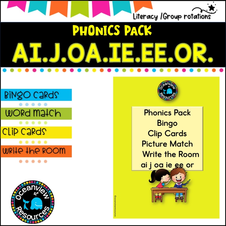 Phonics Bingo, peg cards, write the room, word match,worksheets AI J IE UE EE OR