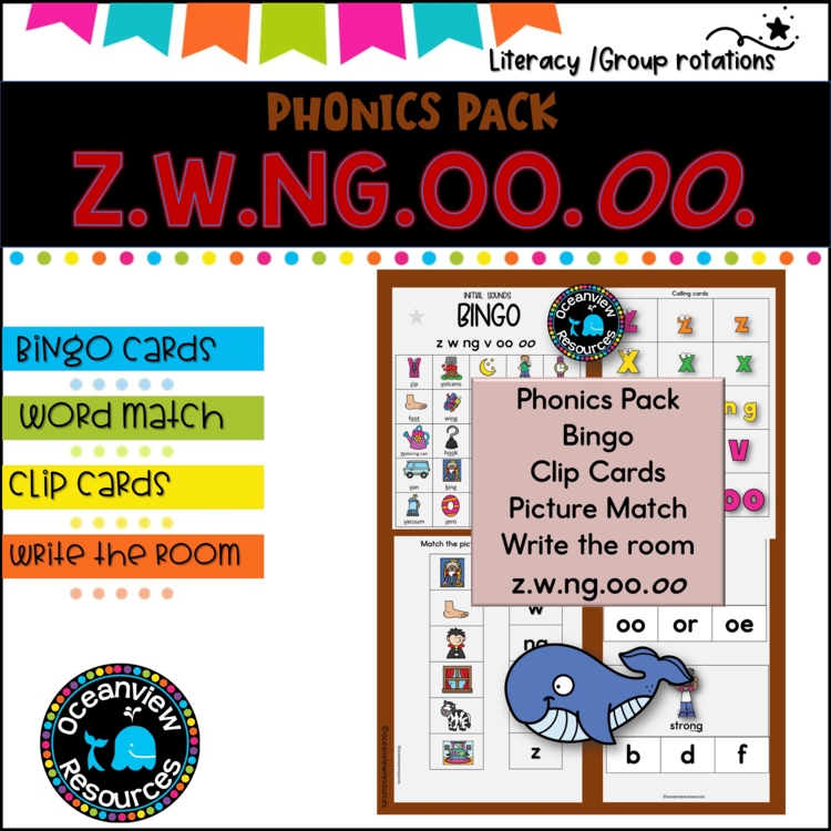 Phonics Bingo, peg cards, write the room, word match, worksheets Z W NG V OO