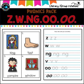 Phonics Bingo, peg cards, write the room, word match, worksheets Z W NG V OO, image 4