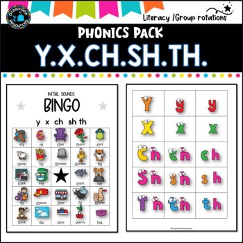 Phonics Bingo, peg cards, write the room, word match, worksheets Y X CH SH TH, image 2