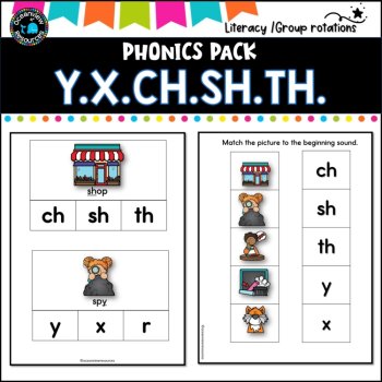 Phonics Bingo, peg cards, write the room, word match, worksheets Y X CH SH TH, image 3