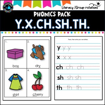 Phonics Bingo, peg cards, write the room, word match, worksheets Y X CH SH TH, image 4