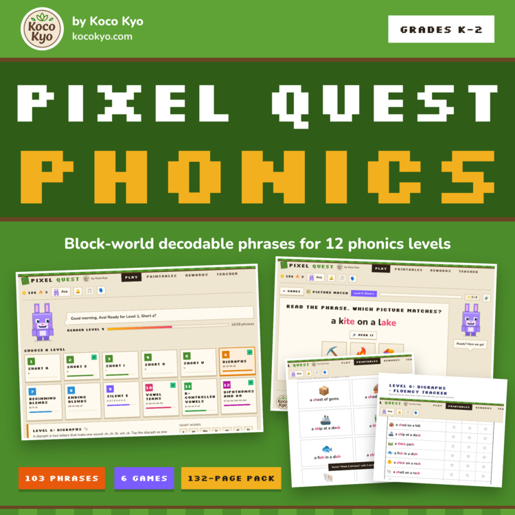 K-2 Pixel Quest Phonics Games and Pintable's, Block Game Style Reading Fluency