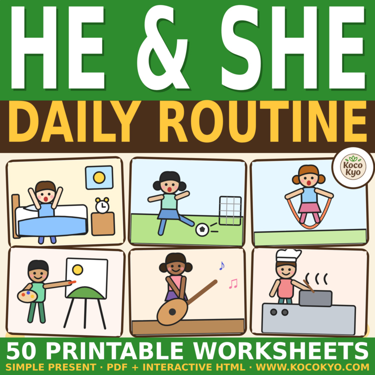 He & She Simple Present Worksheets | Daily Routines | 50 Printable + HTML