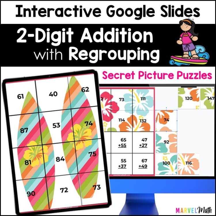 2 Digit Addition with Regrouping #5 - Secret Pictures - Digital Math Station