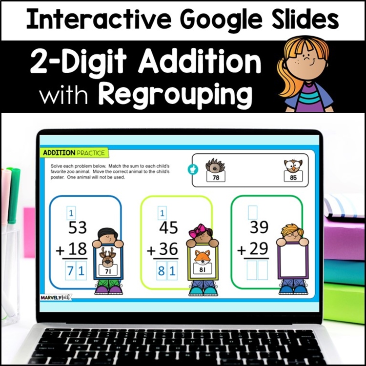 2 Digit Addition with Regrouping #2 - Google Slides - Digital Math Activities