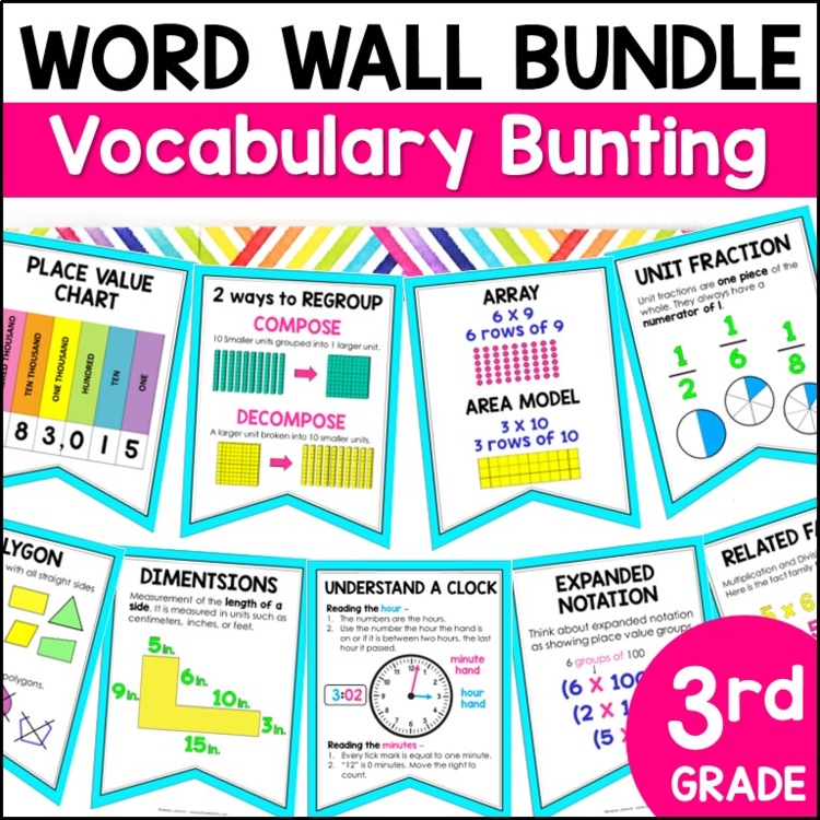 3rd Grade Math Word Wall Bundle - Vocabulary Bunting - Texas TEKS