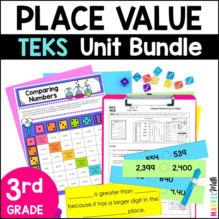 3rd Grade Place Value Unit TEKS - Place Value Games, Notebook, Chart, & More