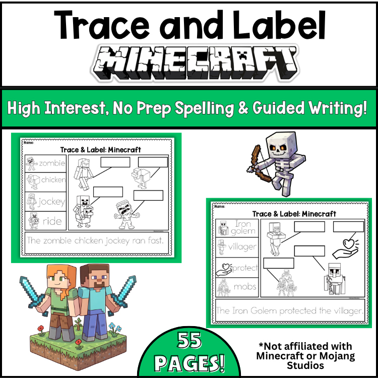 Spelling & Handwriting Tracing High Interest Minecraft Printables- No Prep