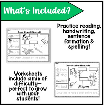 Spelling & Handwriting Tracing High Interest Minecraft Printables- No Prep, image 2