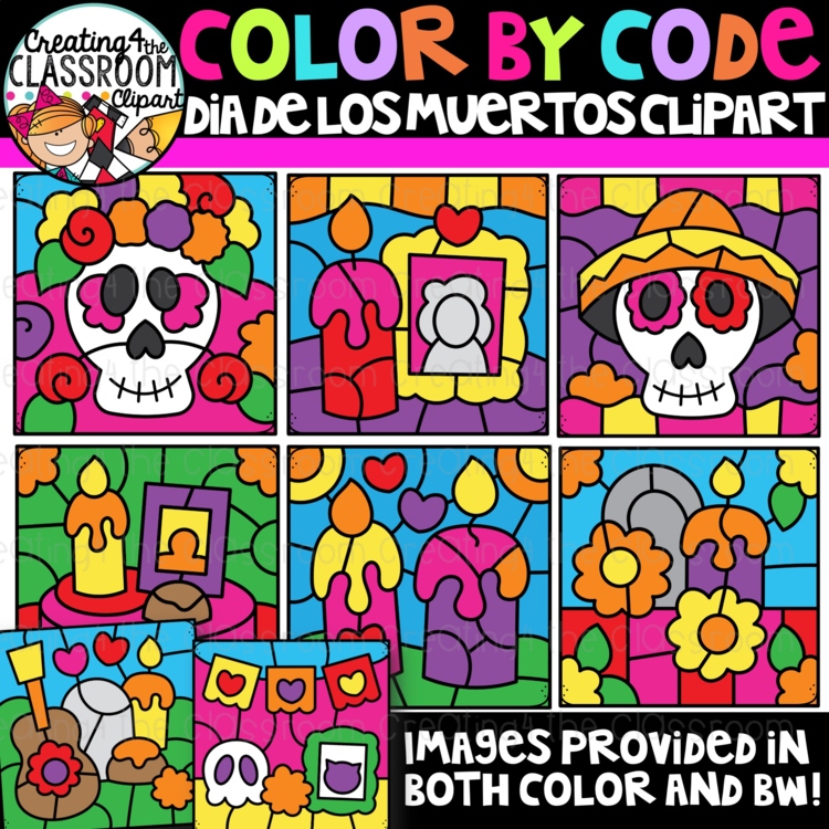 Dia de los Muertos Color By Code Clipart {Day of the dead clipart}