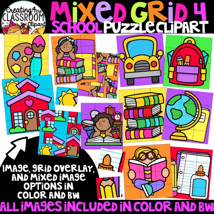 Mixed Grid School Puzzle Clipart {Mystery Picture Clipart}