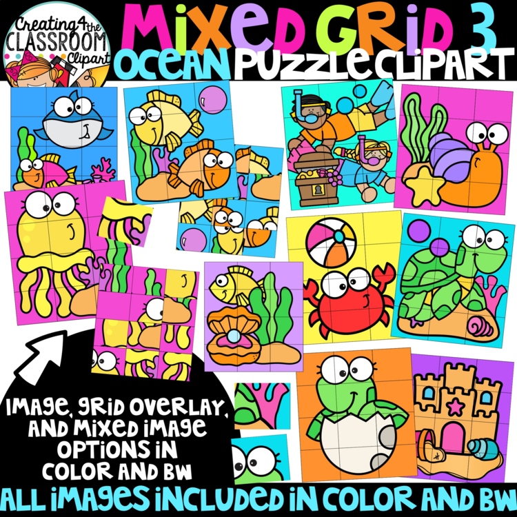 Mixed Grid Ocean Puzzle Clipart {Mystery Picture Clipart}