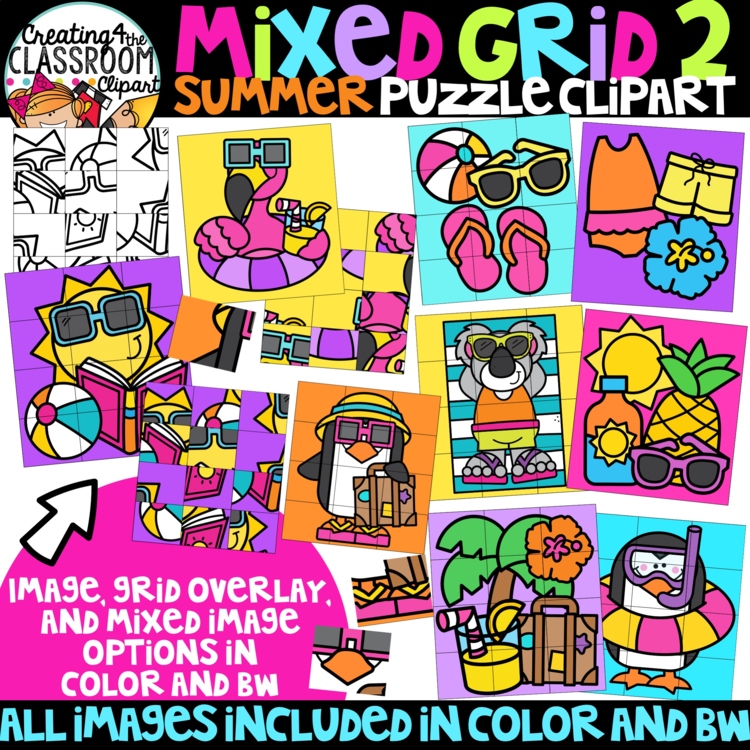 Mixed Grid Summer Puzzle Clipart {Mystery Picture Clipart}