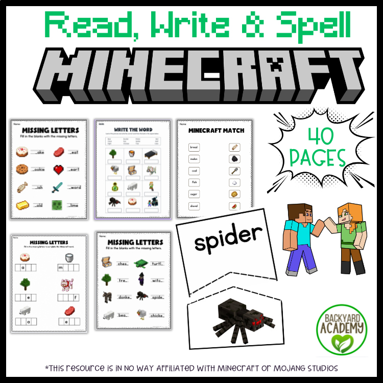 Read, Write, & Spell: Minecraft Themed Worksheets & Puzzle Cards