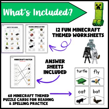 Read, Write, & Spell: Minecraft Themed Worksheets & Puzzle Cards, image 2